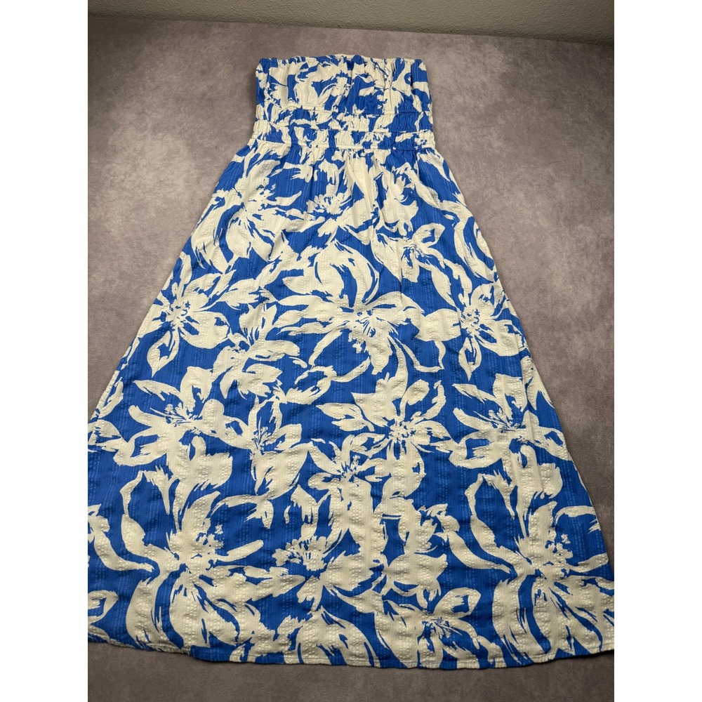Billabong Blue Cream Floral Aloha Strapless Smocked Maxi Dress Cotton XL Beach